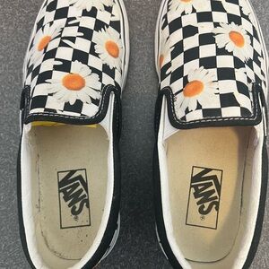 Vans Checkerboard Daisy Slip-On Sneakers - Black, White & Orange
